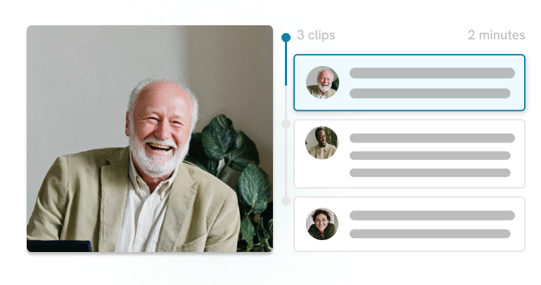 Man in a user interview laughing and a few other video clips on the right side