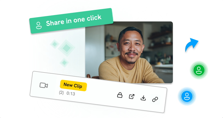 Video of a user interview and visuals of the sharing features in Clipses